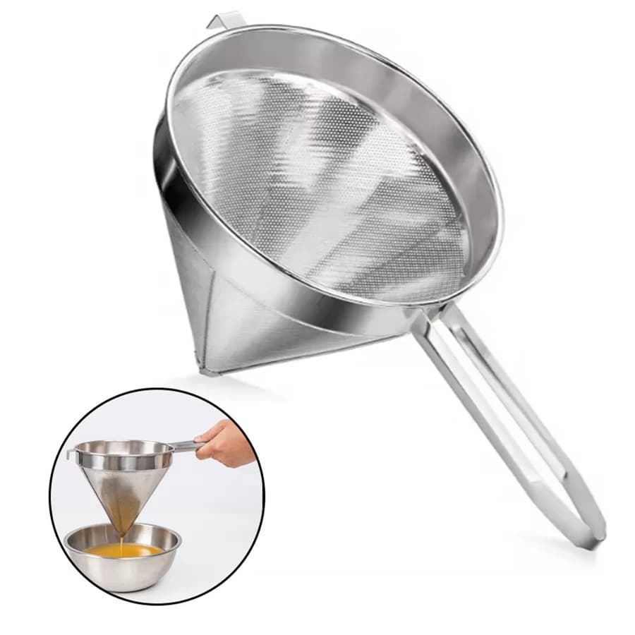 Peneira Cônica Chinoy Coador De Óleo 20Cm Inox com Descanso