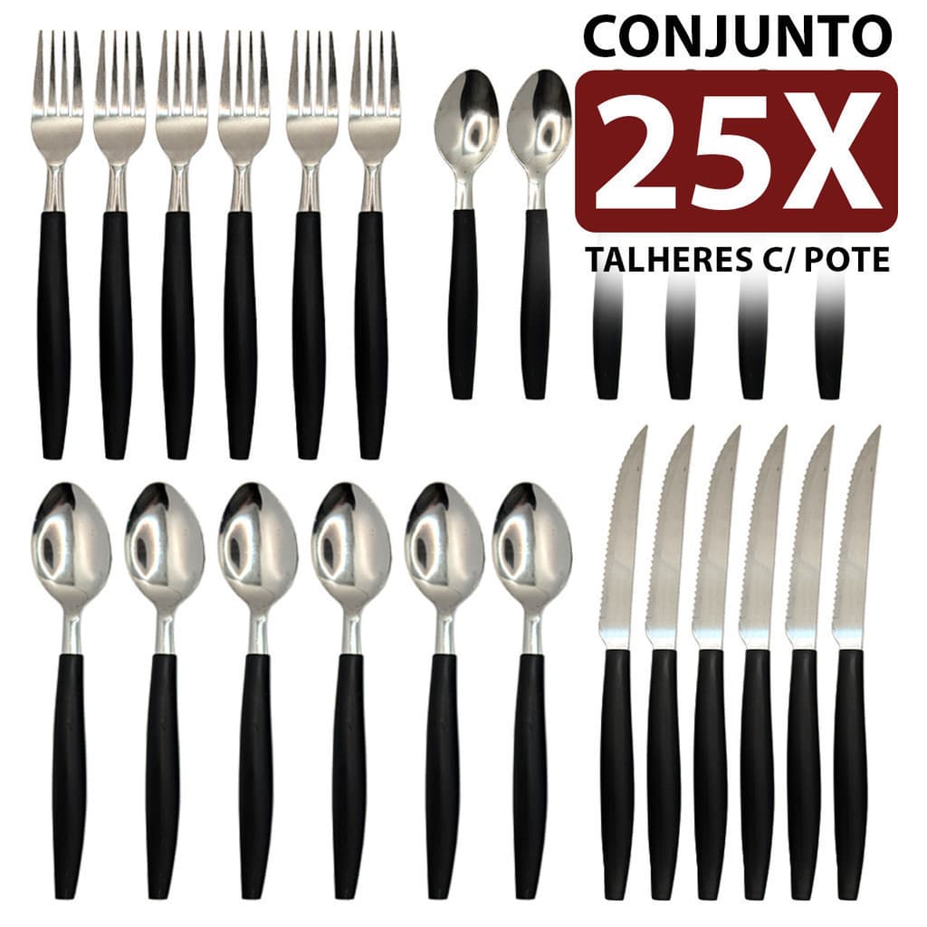 Talheres Kit Canadá preto, 25 peças com pote. Moderno, prático e ideal para até 6 pessoas!