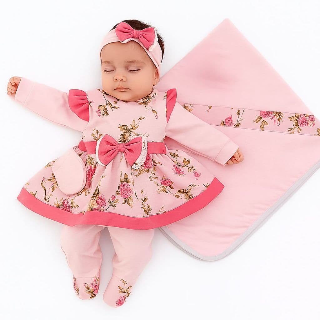 Saída Maternidade 5 Peças Menina Pompom Floral Pink- Kit Maternidade Conjuntos E Roupas De Bebê