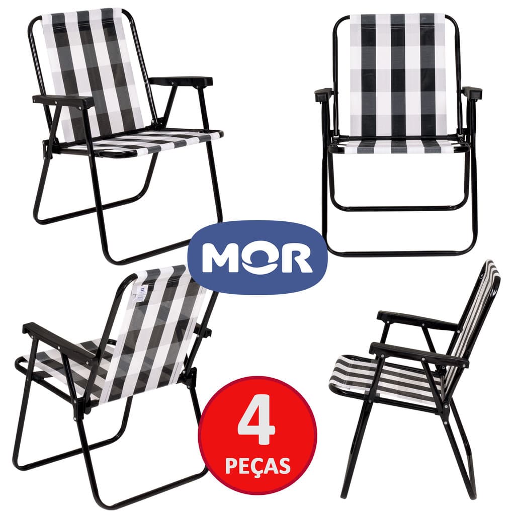 Kit 4 Cadeiras de Praia e Varanda Mor Xadrez ou Preta Dobrável em Aço Reforçado até 110kg