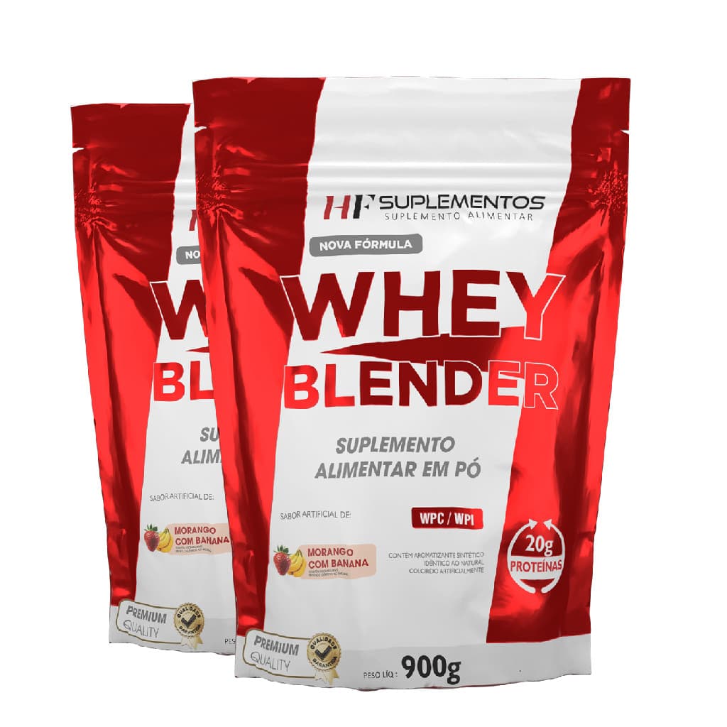 2X WHEY BLENDER CONCENTRADO MORANGO C/ BANANA 900G HF SUPLEMENTOS
