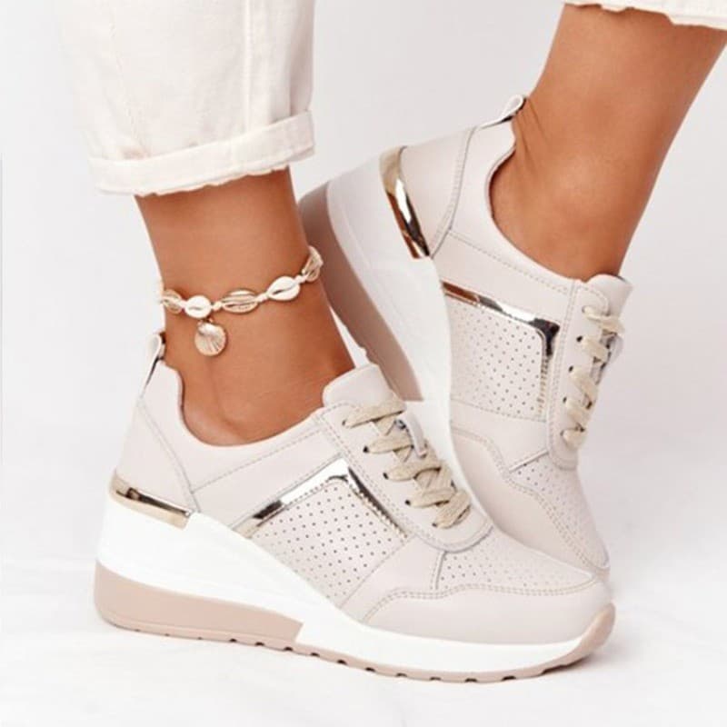 Nova Moda Sapatos Femininos Tênis Rendas Cunha Esportivos Vulcanizados Plataforma Casual Senhoras Confortáveis
