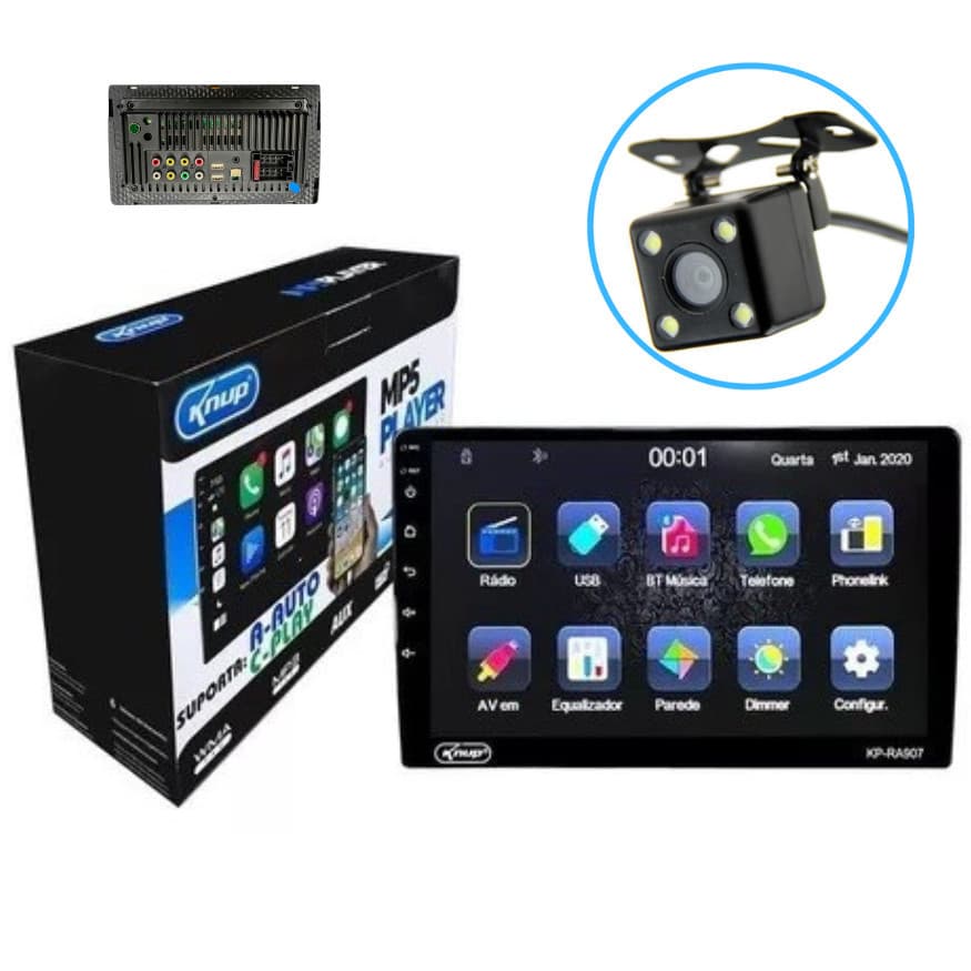 Central Multimídia KP-RA907 MP5 com Tela de 9 Polegadas, Carplay, Android Auto, USB e Câmera de Ré