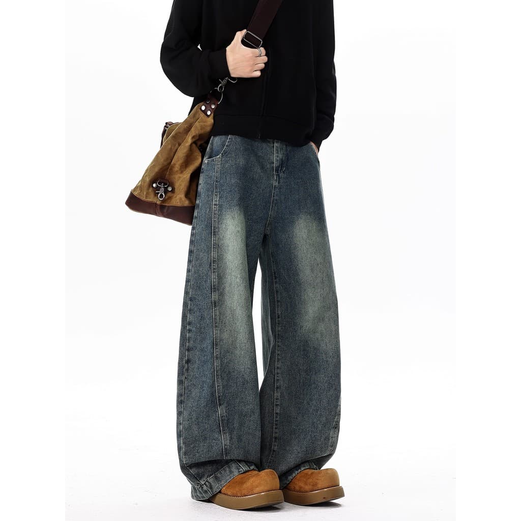 Americano Retro Machete Jeans de perna larga masculino inverno 2026 solto Casual calças de perna reta bonito calças masc