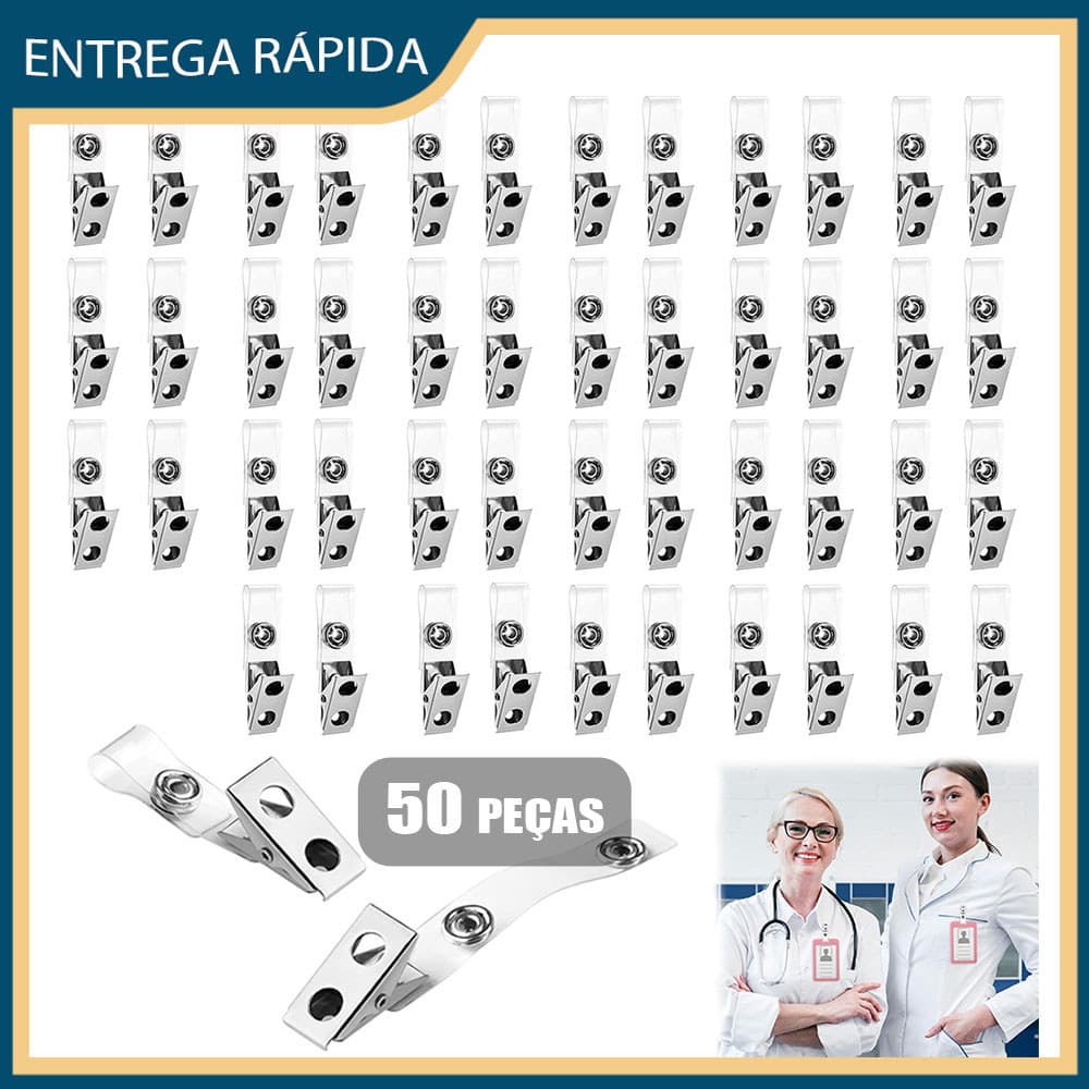 50x Clipe de metal para crachá + cordão de PVC transparente Clipe com dois orifícios para crachás e porta-crachás