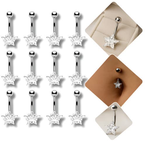 Kit Piercing Umbigo Aço Cirúrgico Prata Estrela Zircônia 12 Un Cartela