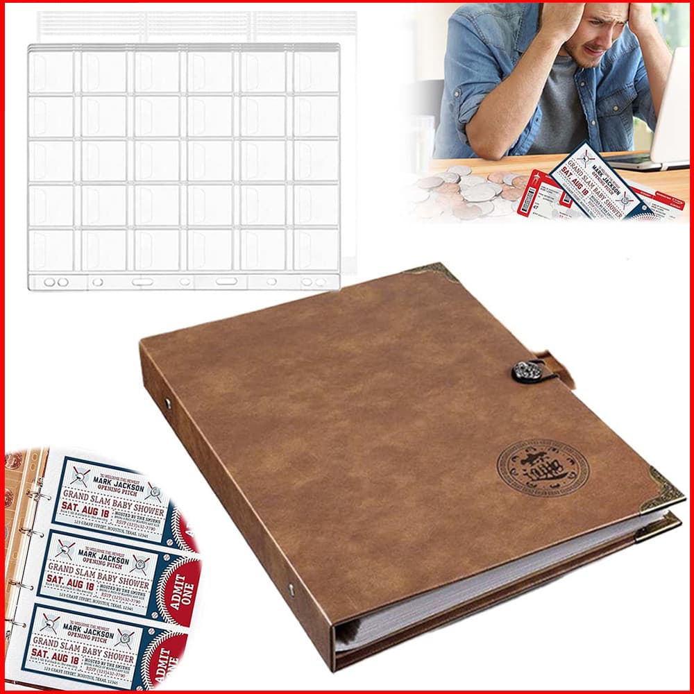 Álbum para Guardar Moedas e Cédulas, Tamanho 30.5x24x4 cm, Capa em Couro Sintético, à Prova d'Água