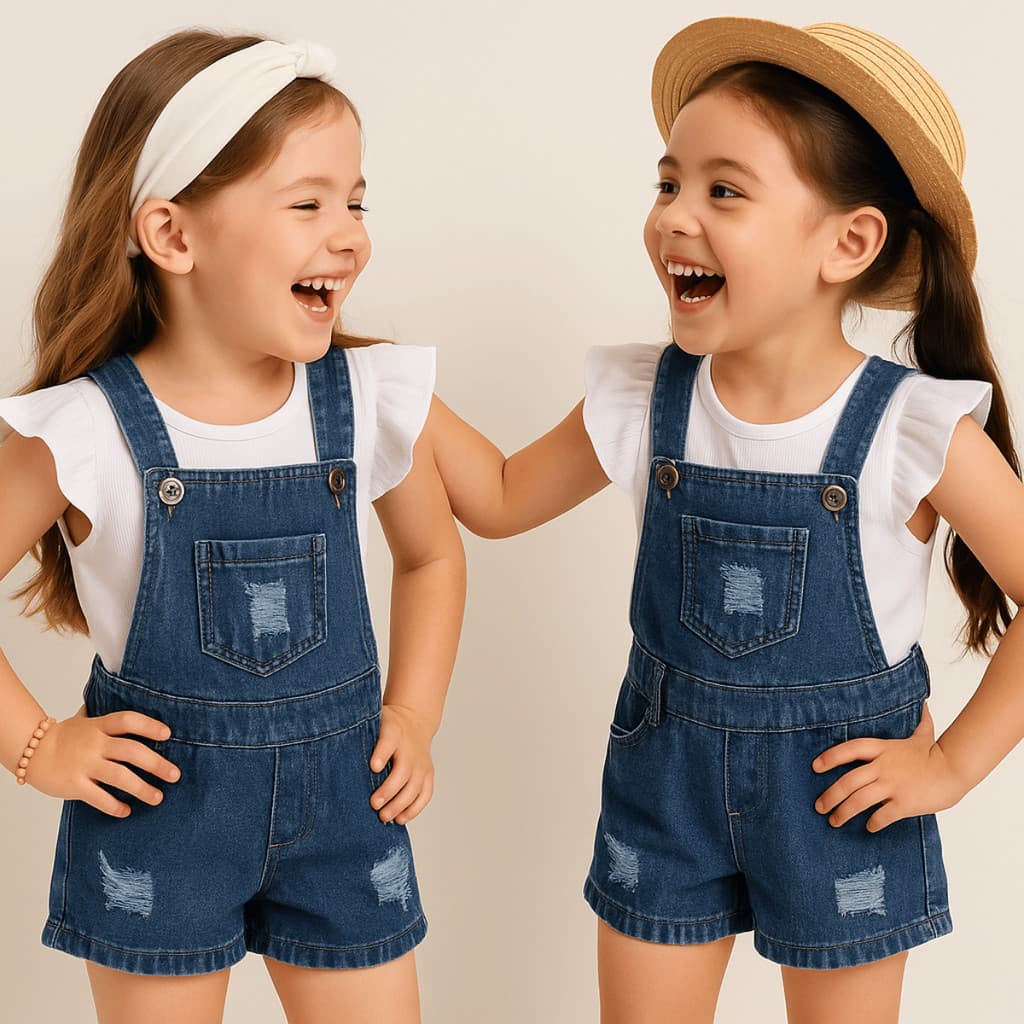 Jardineira Jeans Menina Shorts Bermuda Infantil Curta P AO G - PB