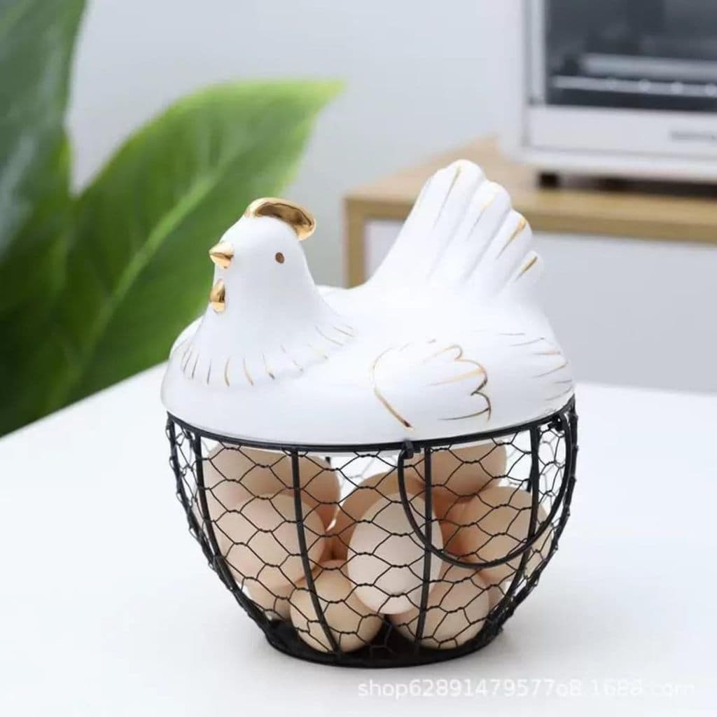 Porta-Ovos Decorativo Galinha Porcelana e Estrutura Metálica