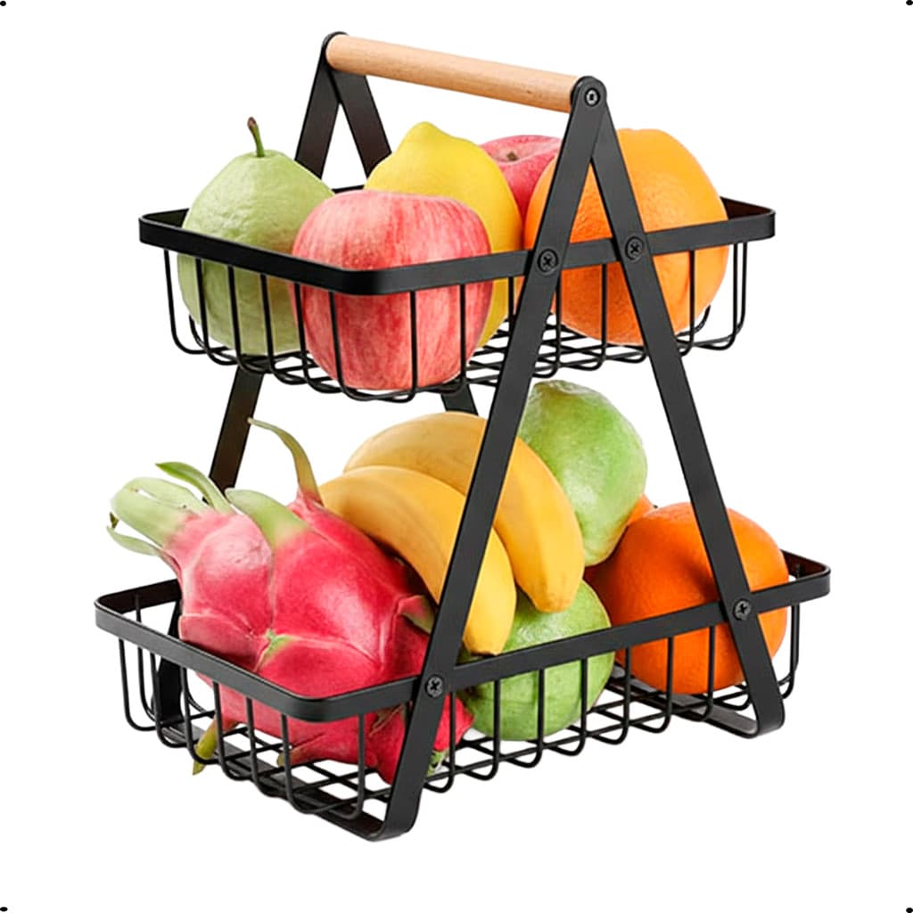 Fruteira de Mesa com 2 Andares Metal Alça Madeira Frutas Legumes Mesa Organizador Cosméticos