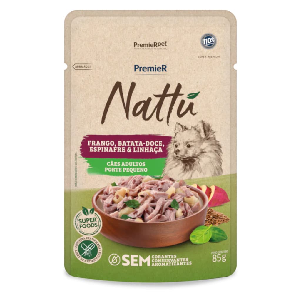 Ração Úmida Sachê PremieR Nattu 85gr Cães Adultos Porte Pequeno Frango e Batata-doce