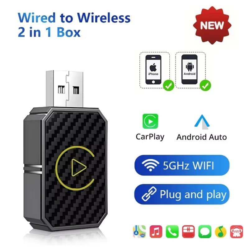Adaptador Sem Fio CarPlay Android Auto 2025 USB Plug & Play IOS/De Alta Velocidade