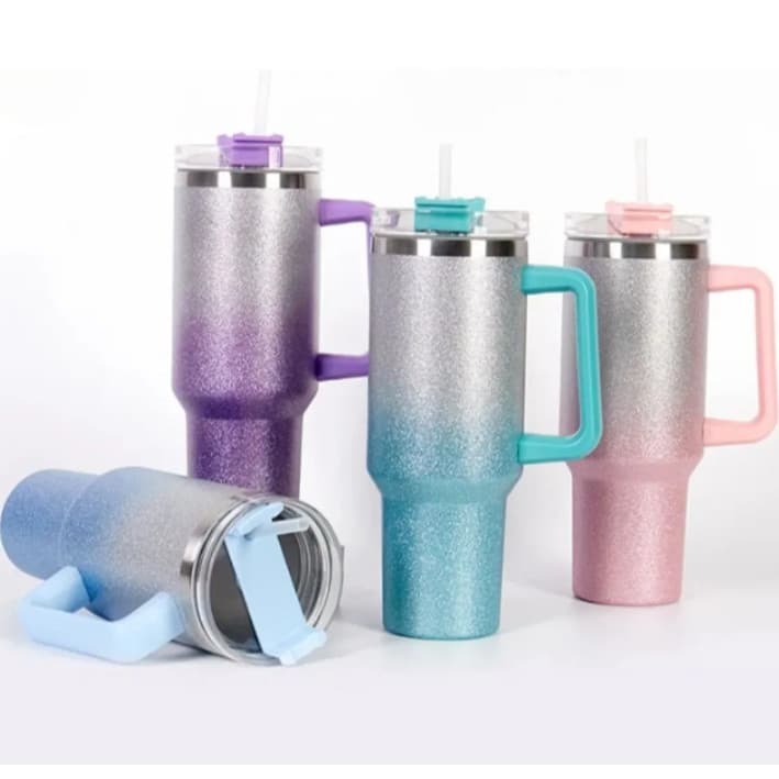 Copo Térmico Glitter Com Alça E Canudo De Plástico 1200ml Grande