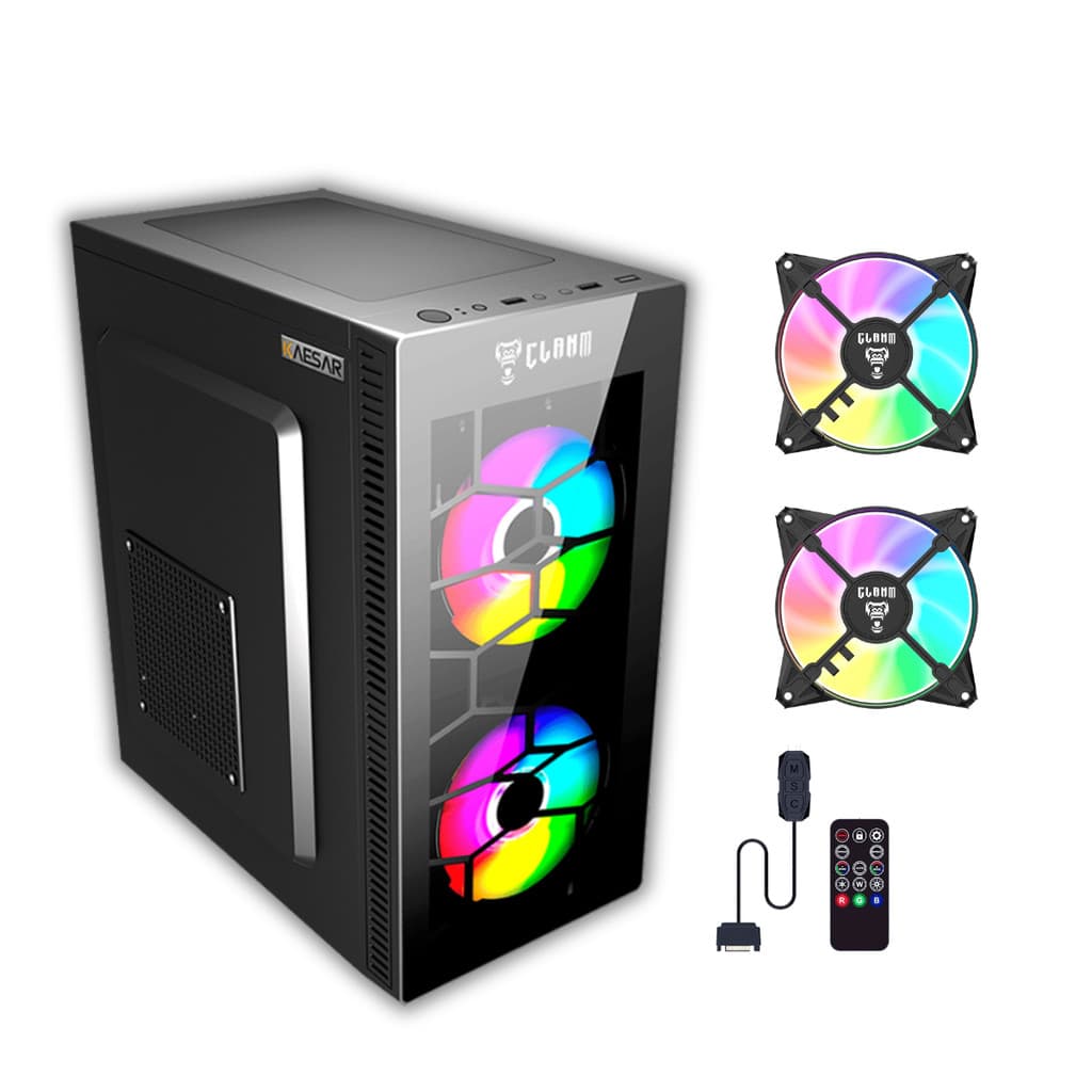 Gabinete Gamer Kaesar com Vidro Frontal Mid Tower Clanm Com 2 Fans ARGB + Controladora