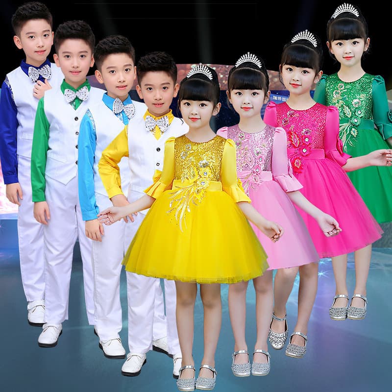 Fantasia de coro infantil de manga comprida, recitação de poesia amarela, fantasia de performance infantil, meninos, men