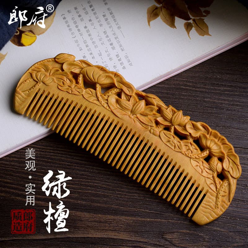 Langfu verde sândalo pente escultura Phoenix bambu folha de lótus suave cuidados com o cabelo das mulheres dos homens es