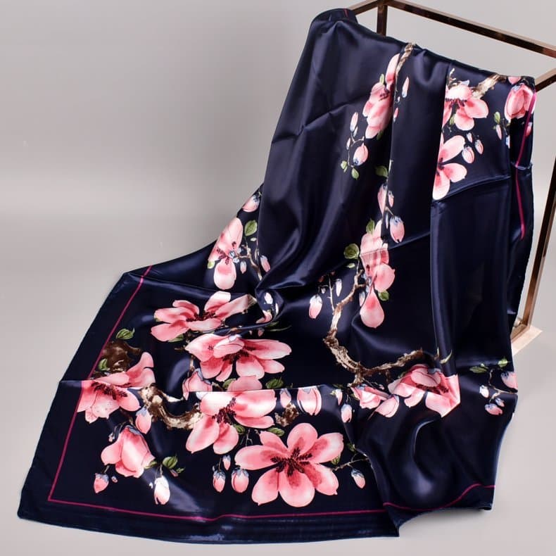Lenços de seda sintética 90% com estampa de flores de pêssego de dez li de estilo doce japonês e coreano, lenços grandes