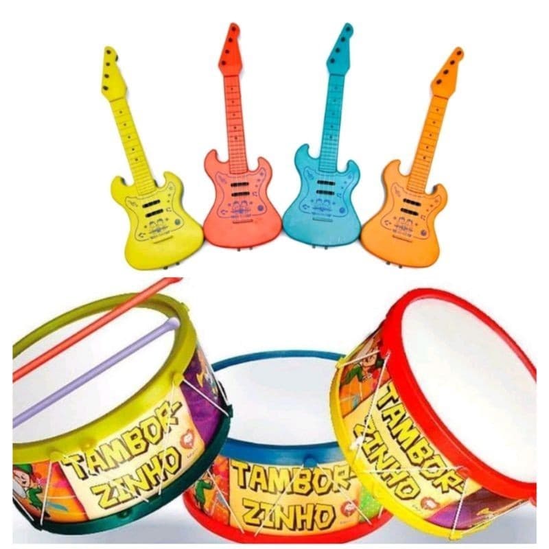 Kit Musical Infantil Guitarra + Tamborzinho Brinquedo Educativo