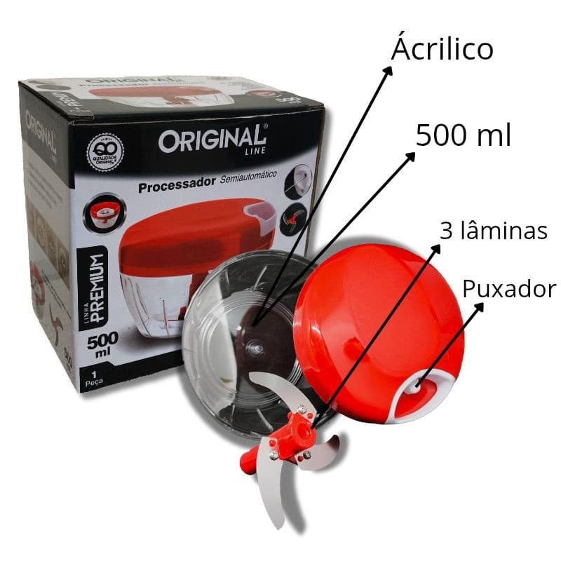 Processador De Alimentos Manual a Corda, 3 Lâminas Inox Premium, Vermelho, 500 ml, 10 X 14 cm, ORIGINAL / Premium