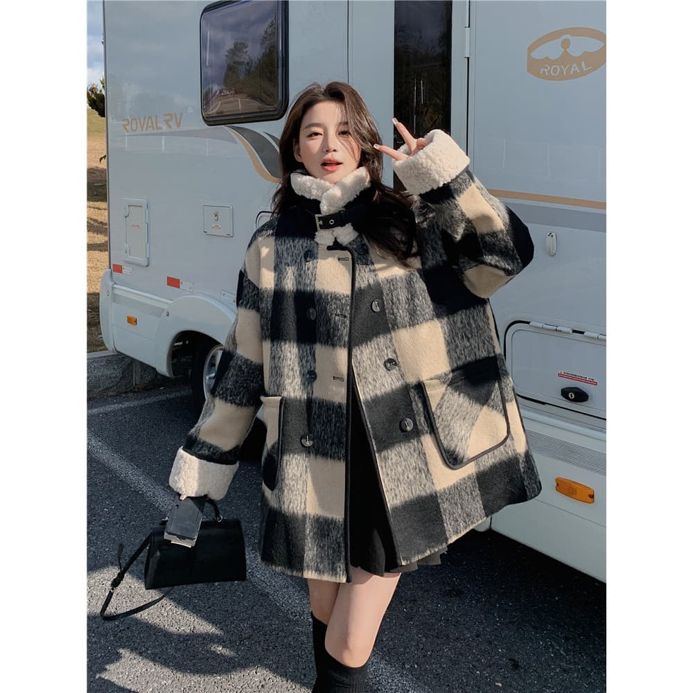 Design jaqueta de lã feminina inverno 2025 novo estilo xadrez Casual pequeno curto grosso lã cordeiro casaco de lã