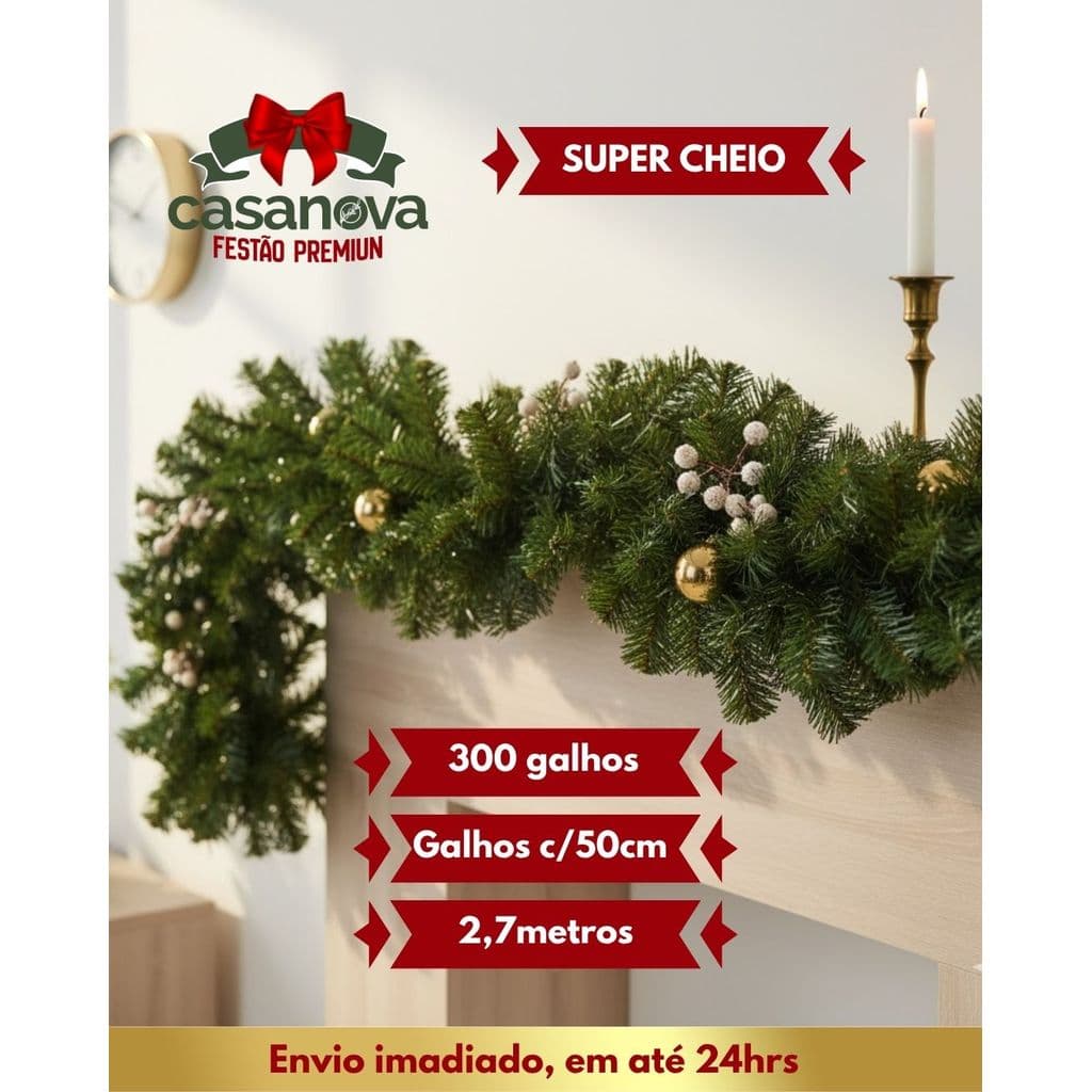 Festão Aramado Florarte Natal 2,7m x 50cm Verde 300 Galhos - Super Cheio