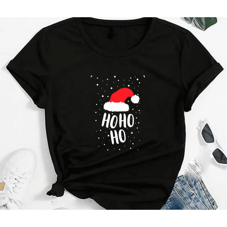 Camiseta Adulto Unissex Hohoho Gorro E Pingos Na Cor Preta