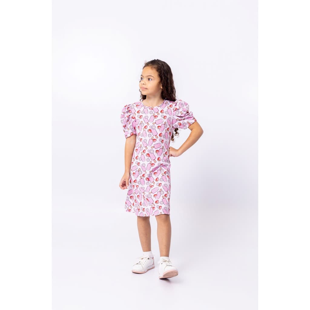 Vestido Premium Menina Infantil Picolé Manga Bufante Gola Circular com Botão Perolado e Abertura Gota nas costas