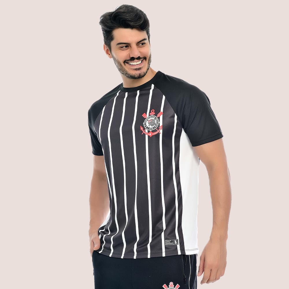 Camiseta Masculina Corinthians Listrada Preta Oficial  Design Moderno e Tecido Respirável