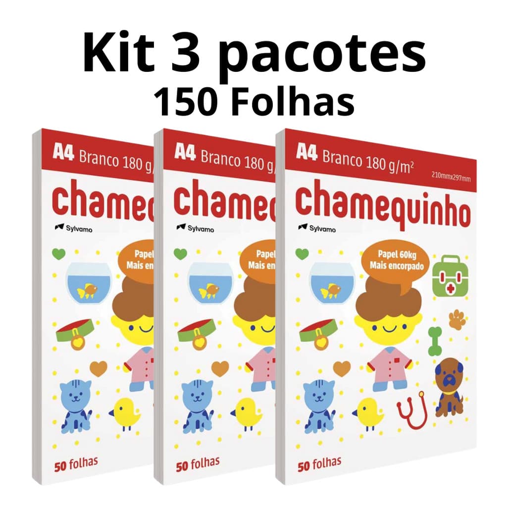 Kit 3 Pacotes Papel Chamequinho Sulfite A4 60Kg 180Gr Branco Chamex 150 Folhas Totais