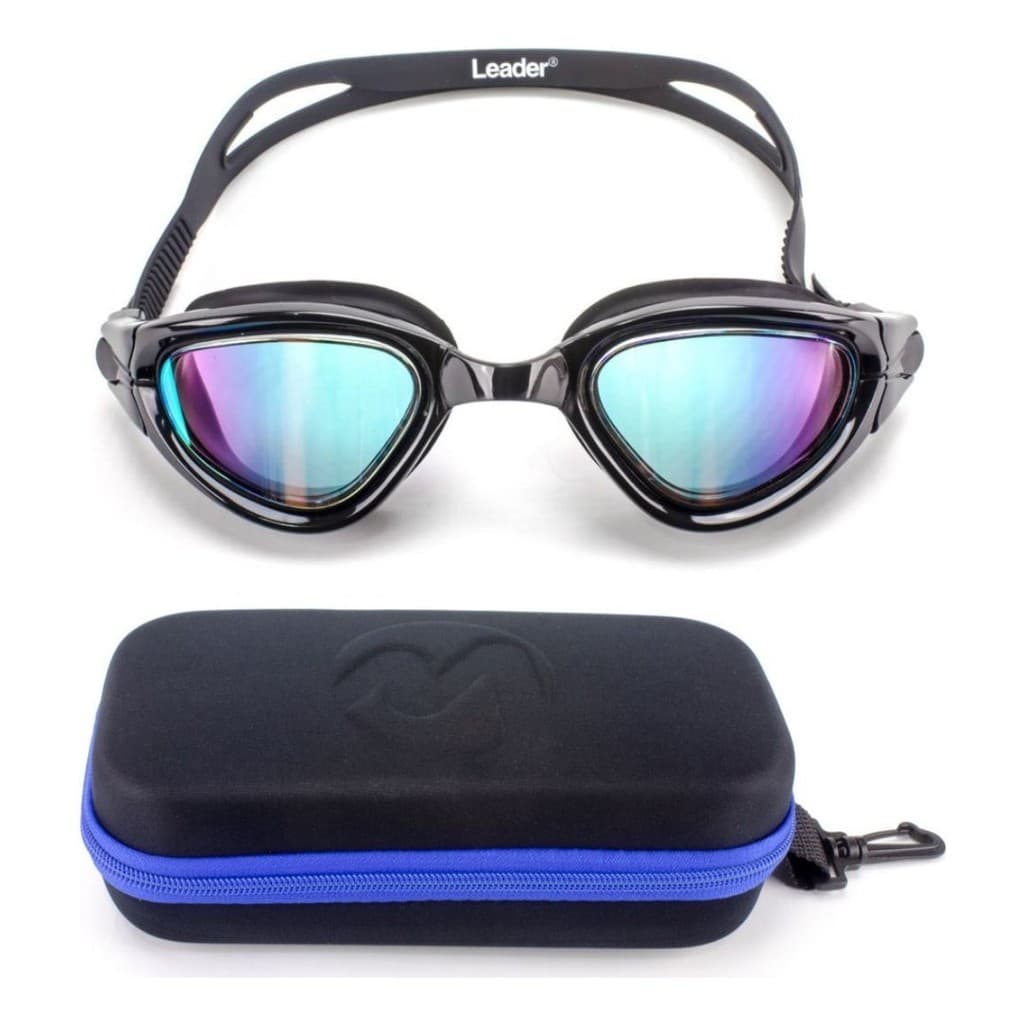 Kit Óculos Natação Leader Swell Espelhado Preto + Case Estojo Medinas Azul