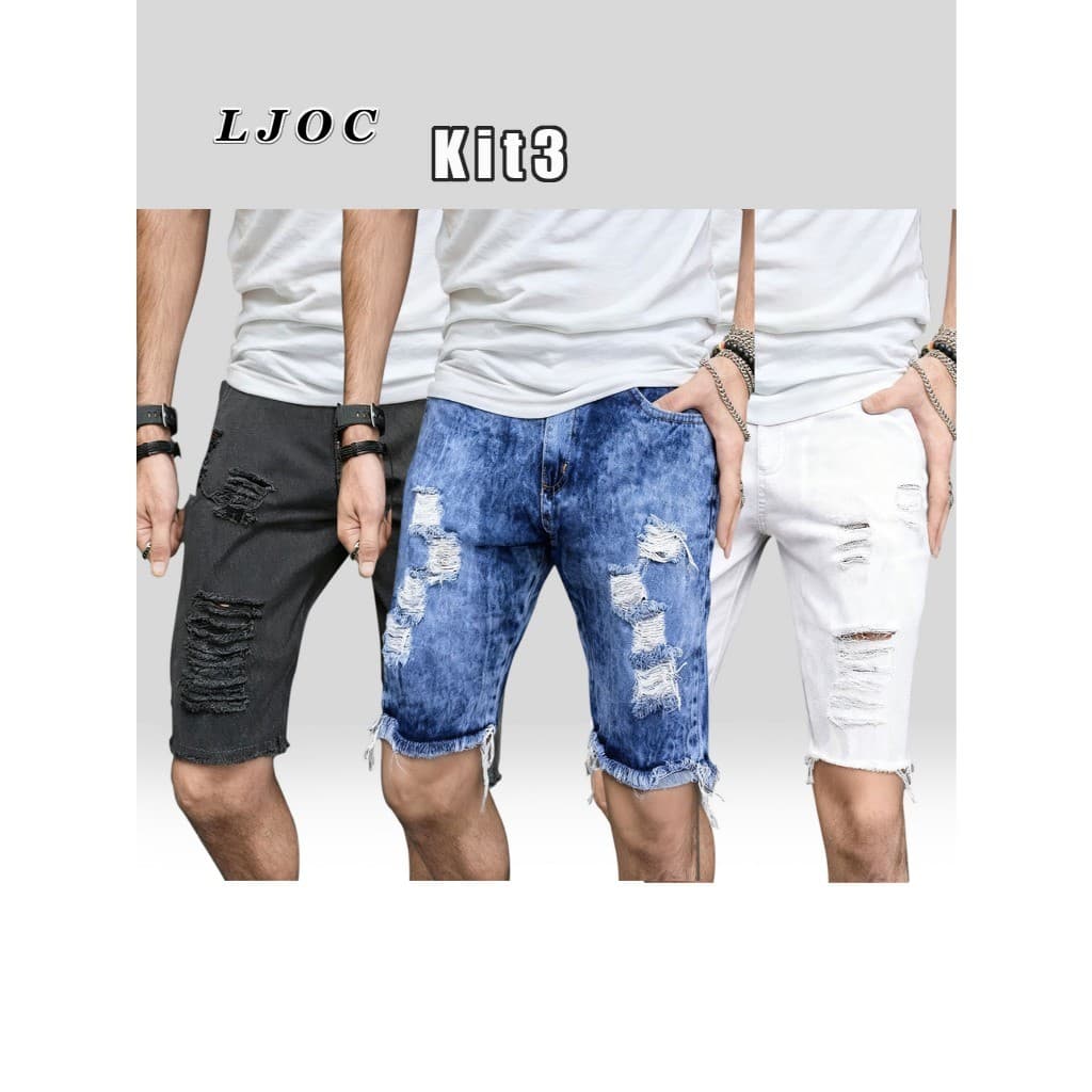 Kit 3 Bermudas Jeans Rasgada Masculina  Branco  Preto Azul Basica--da fábrica