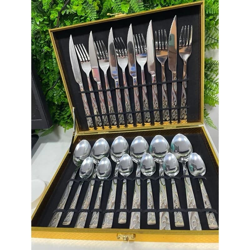 Talheres Inox Conjunto 24 Pecas Faqueiro Completo Colheres Garfos Facas Maleta Dourada Luxo Jantar