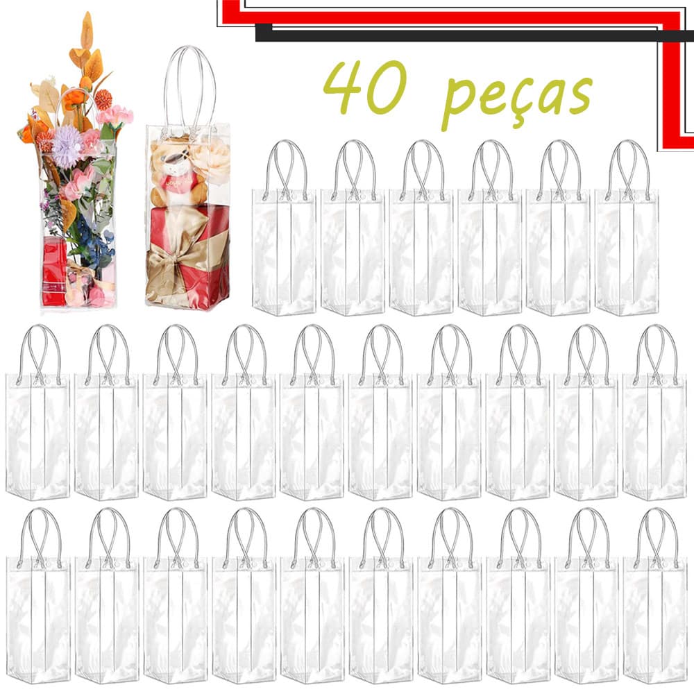 40 pçs de sacos de presente transparente com alças, reutilizáveis, para presente de biscoito para doces, 20 x 10 x 10 cm