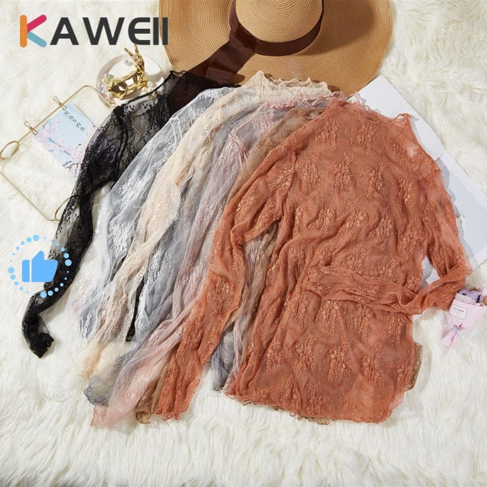 Blusas Femininas De Renda KAWEII , Camisa Preta Com Bordado Floral , Transparentes De Malha De Manga Comprida