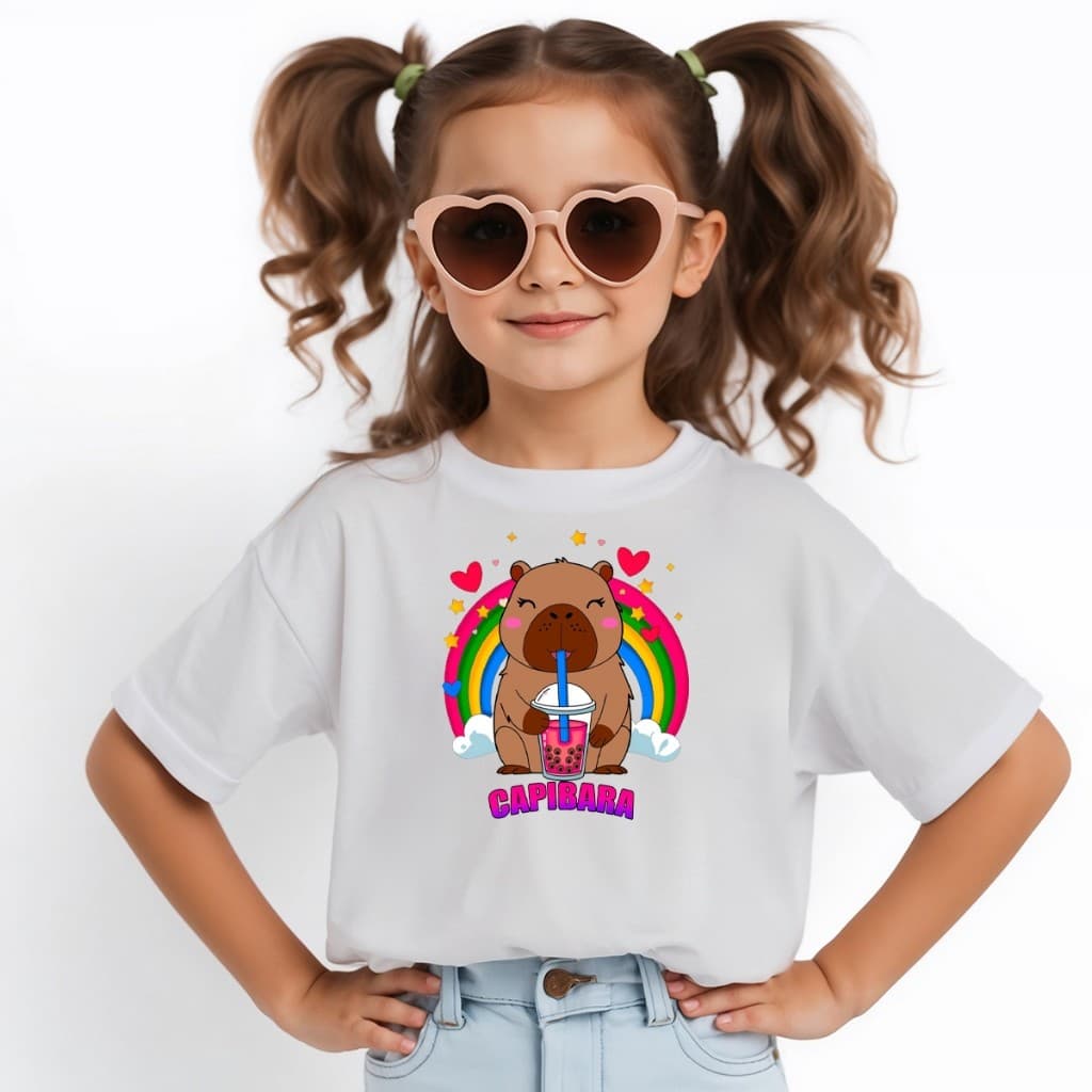 T-shirt Camiseta Premium Infantil 4 ao 14 Estampa Capivara Camisetinha Blusa Menina Estilosa Envio Imediado Algodão
