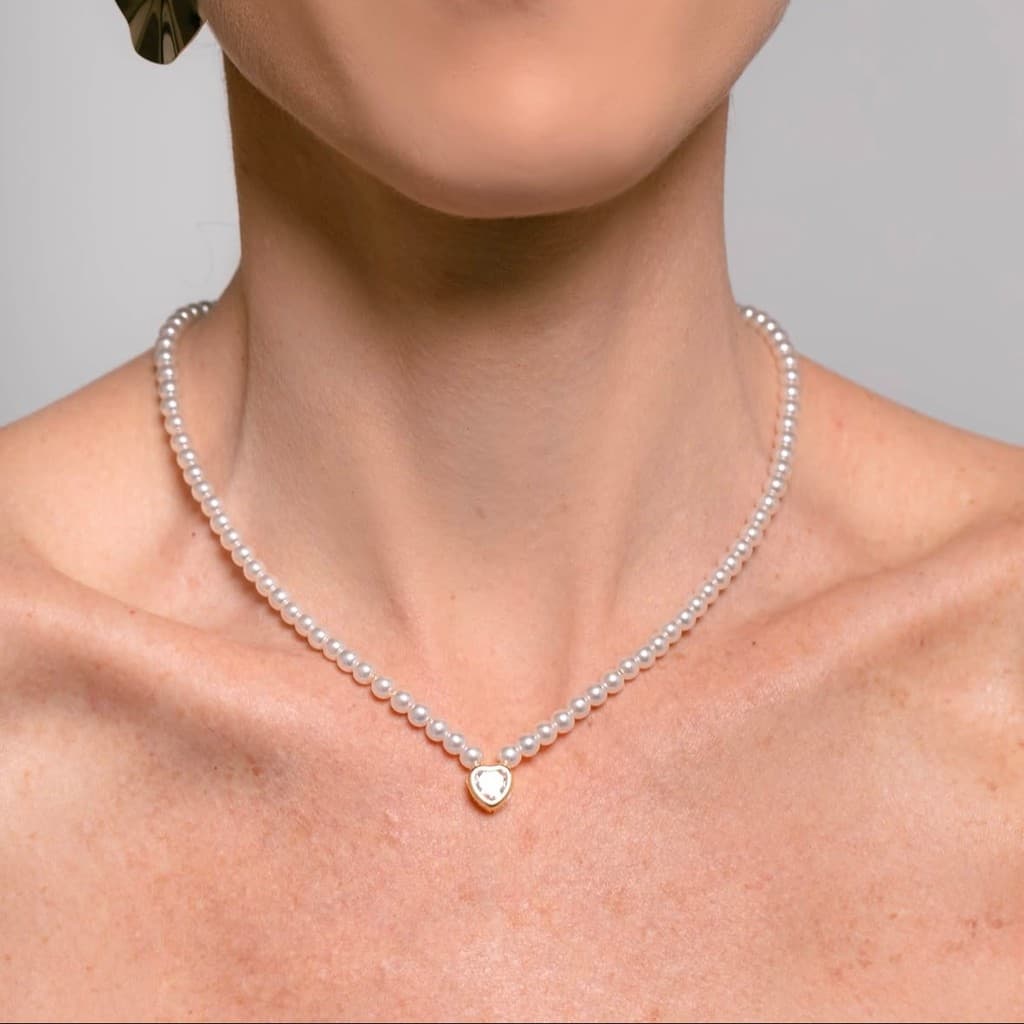 COLAR BANHADO A OURO 18K CORRENTE PÉROLA ÁGUA DOCE CORAÇÃO