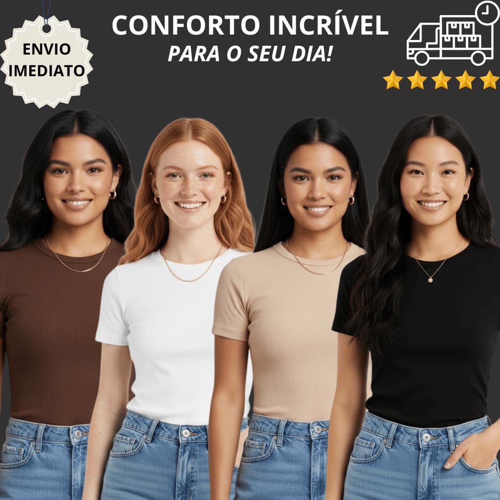 KIT 4 Blusas Suplex Manga Básica Feminina Manguinha Premium