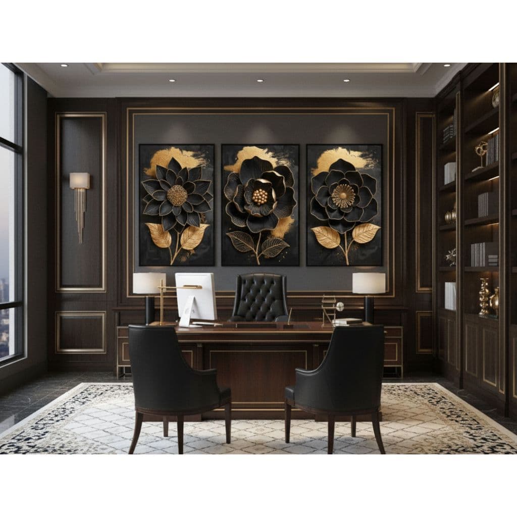 Quadro decorativo Moderno TOP Flores Preto e Dourado premium Luxo Gold abstrato sala quarto corredor