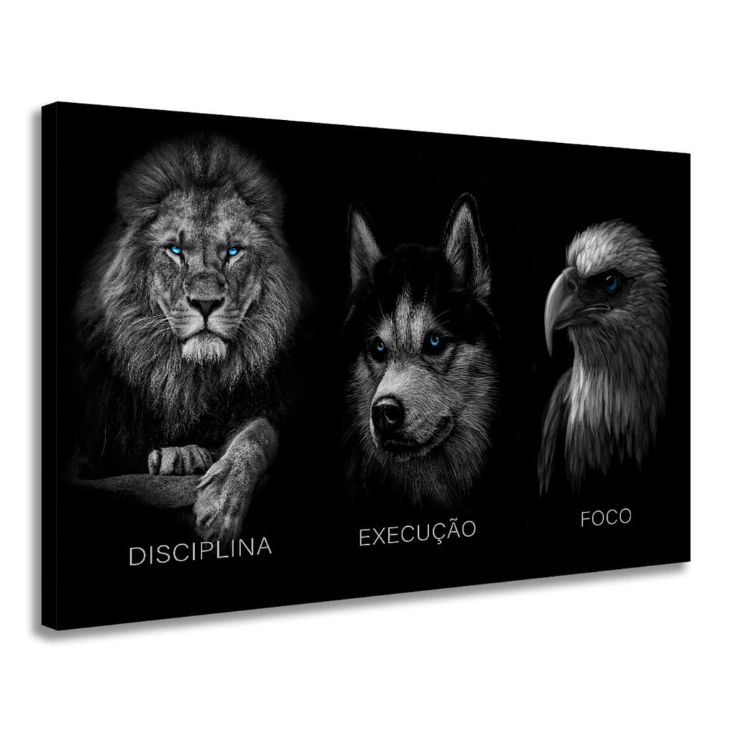 Quadro Grande Para Sala De Reunião Tela Premium Em Madeira Cor Disciplina Foco Execução Armação Leao Lobo Aguia