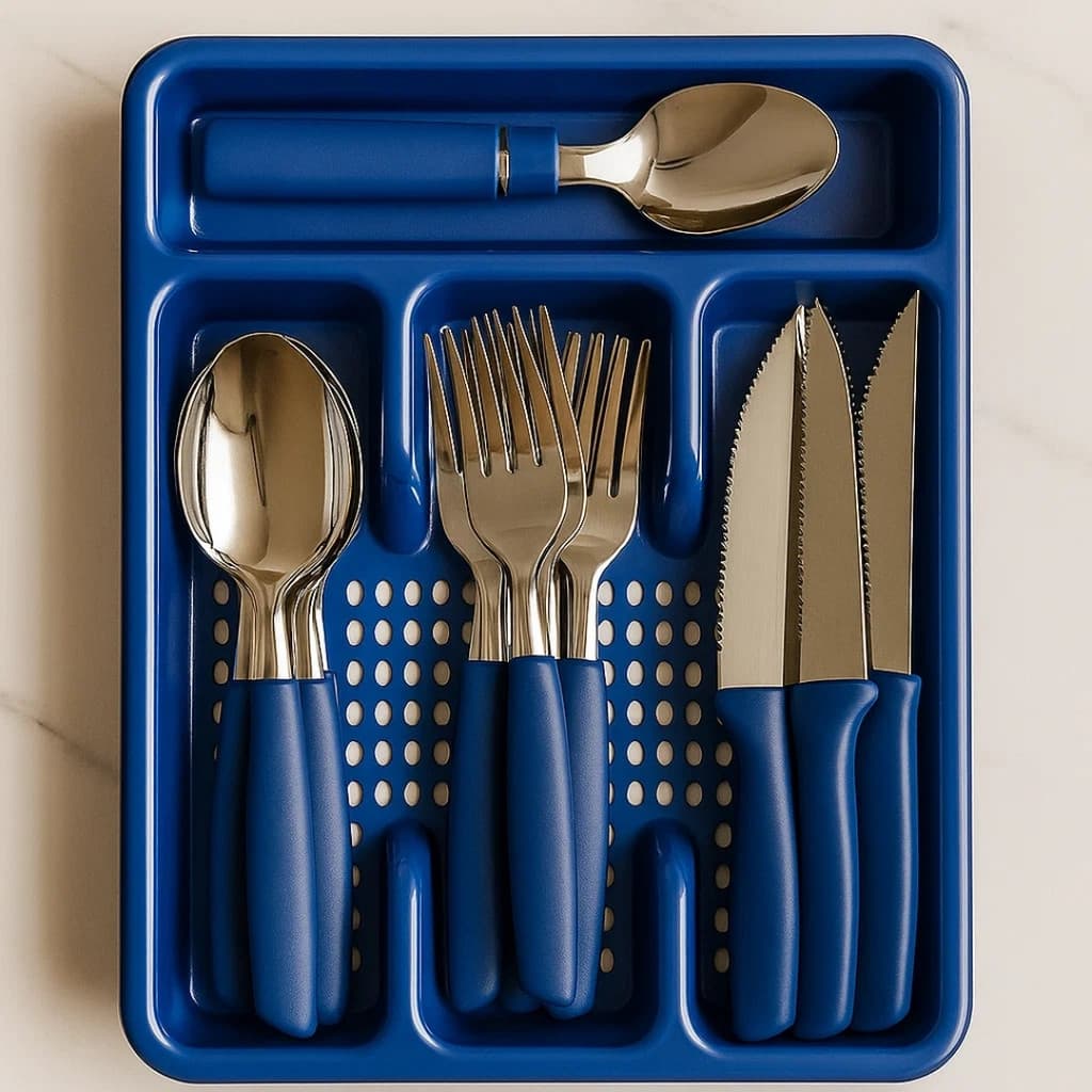 Kit Jogo de Talheres 24 Pecas Com Inox  Brinde Suporte Gaveteiro Sortido Talher Premium