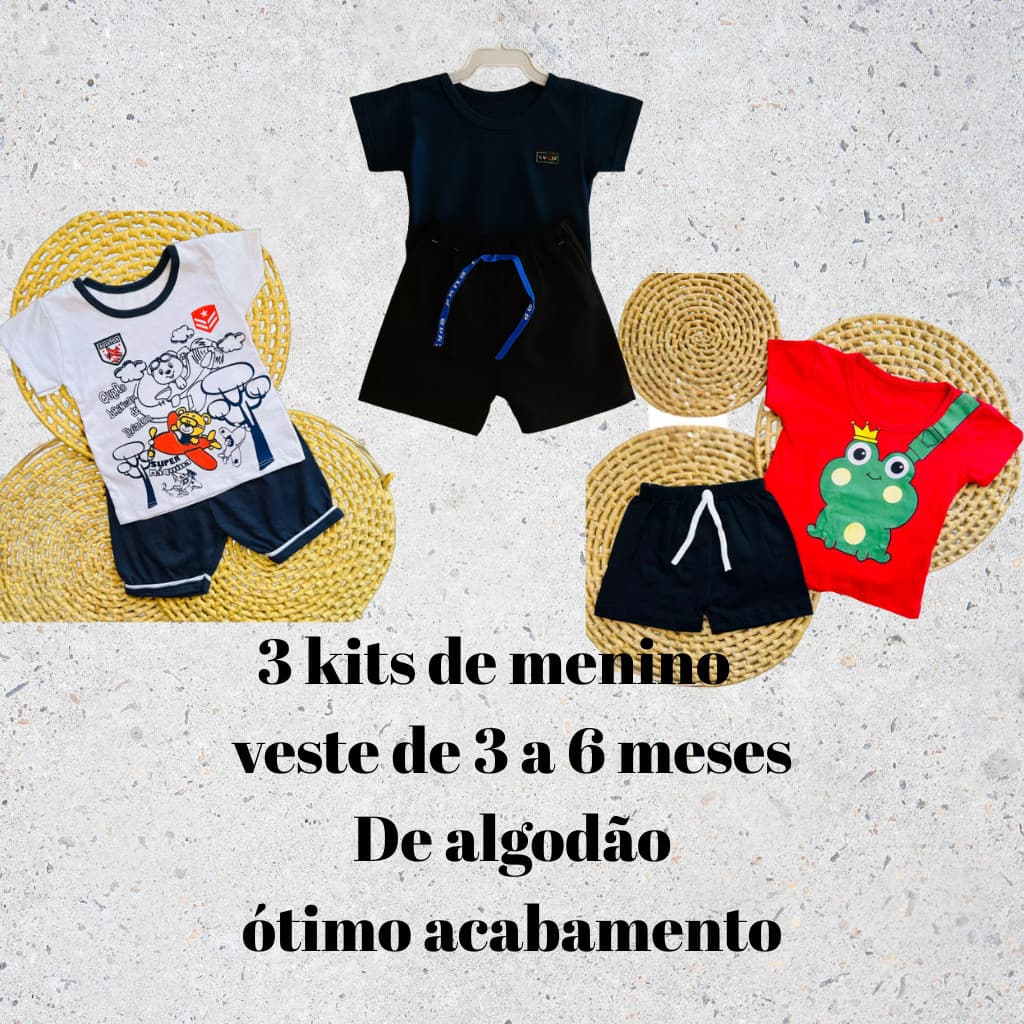 Kit 6 peças conjunto bebê verão 3 camisetas 3 shorts menino