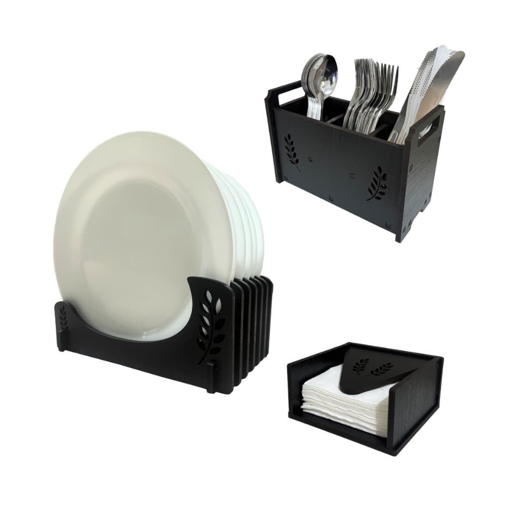 Kit Mesa Posta Porta Pratos, Porta Talheres e Porta Papel Toalha Cozinha Fabricado em MDF Pintado.