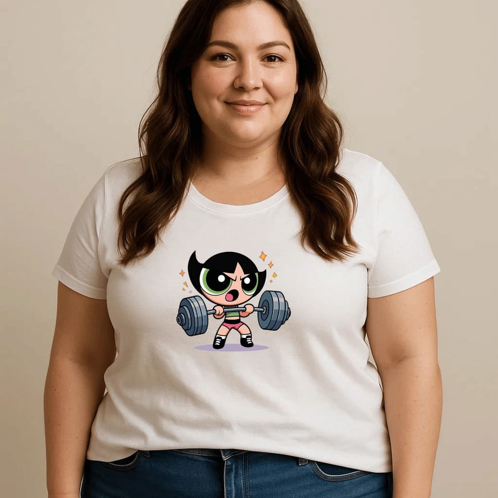 Camiseta Plus Size Feminina Estampada Docinho Super Poderosas Academia 100% Algodão Camisa