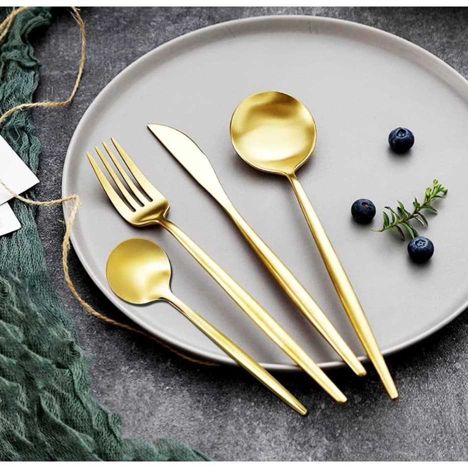 24 Peças Talheres Dourado de Aço Inox Garfo Colher Faca Colher De Mesa Premium