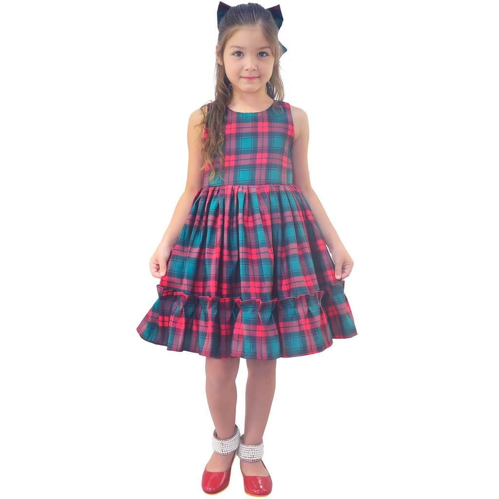 Vestido Infantil Xadrez Vermelho e Verde Natalino com Laço Elegante