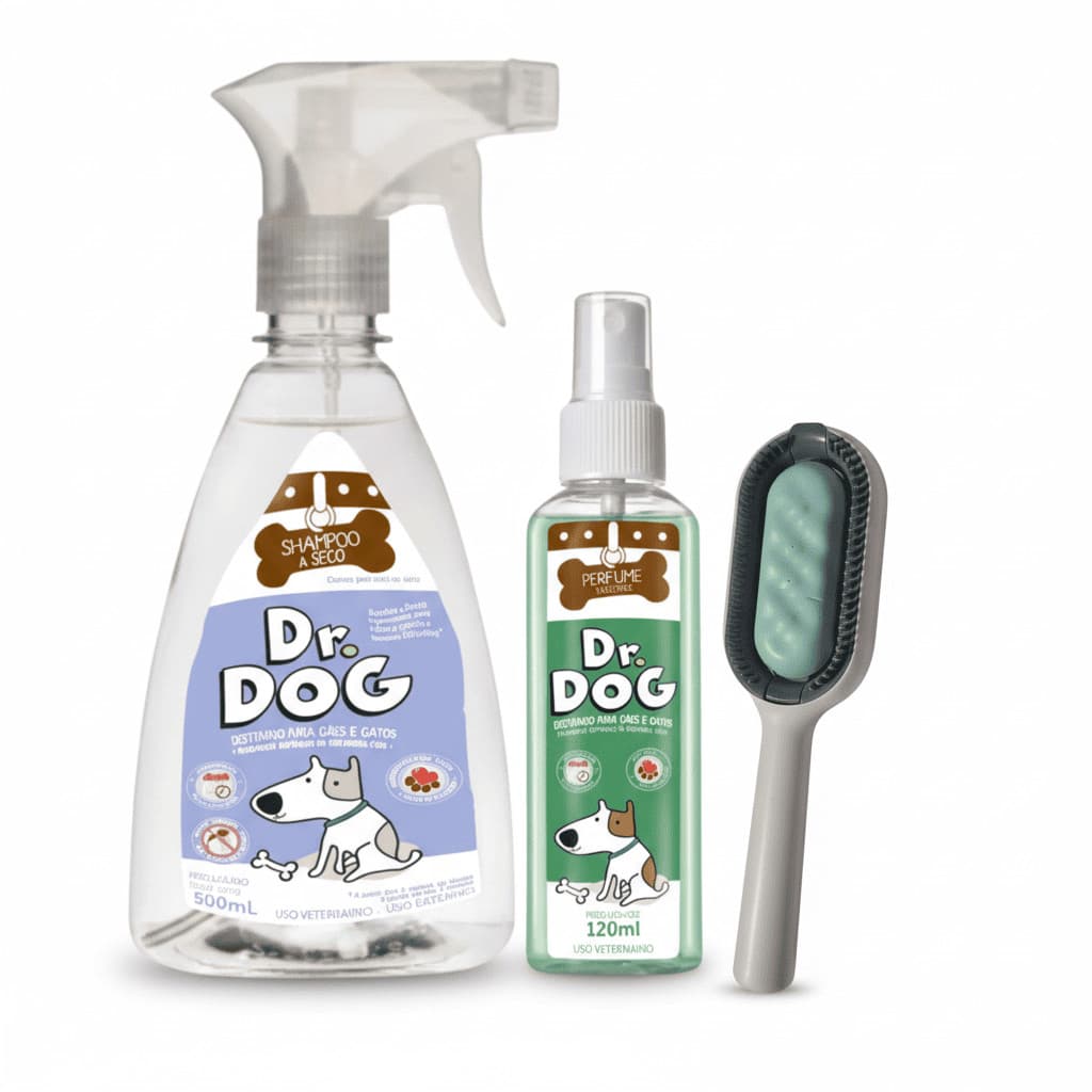 Kit Banho a Seco para Cachorro, Gatos, Filhotes 500ml +perfume Cheirinho Bebê +Escova Rasqueadeira
