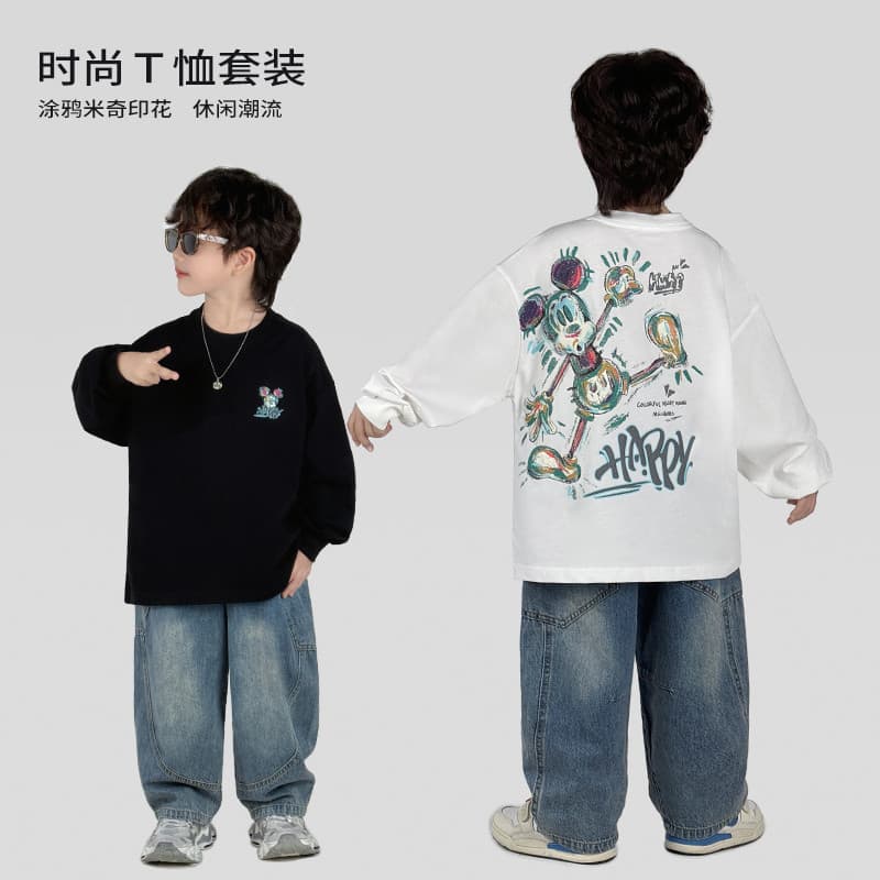 Meninos primavera outono terno impresso manga comprida camiseta calças jeans Casual terno de duas peças 2025 primavera o