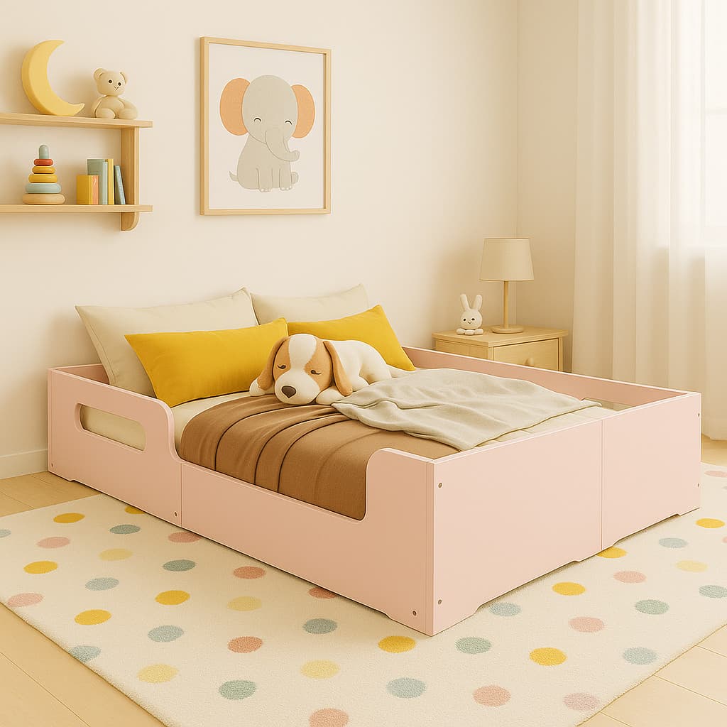 Cama Casal Montessoriana Infantil Princesa Grade de Proteção Lateral  Moderna  - Rosa