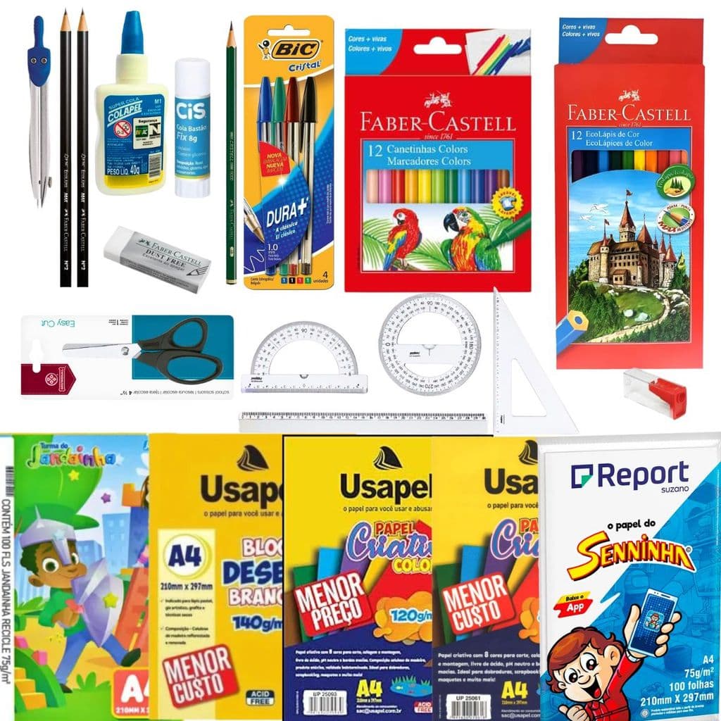 PAPEIS COMPASSO CANETINHA LAPIS 12 COR FABER KIT 2 GRAU CANETAS CRISTAL BORRACHA DUST TESOURA COLA