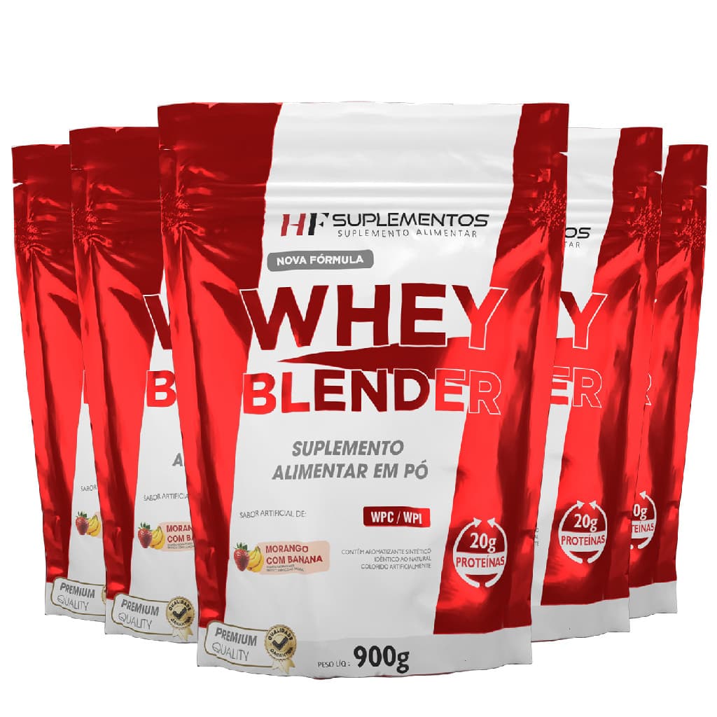 5X WHEY BLENDER CONCENTRADO MORANGO C/ BANANA 900G HF SUPLEMENTOS
